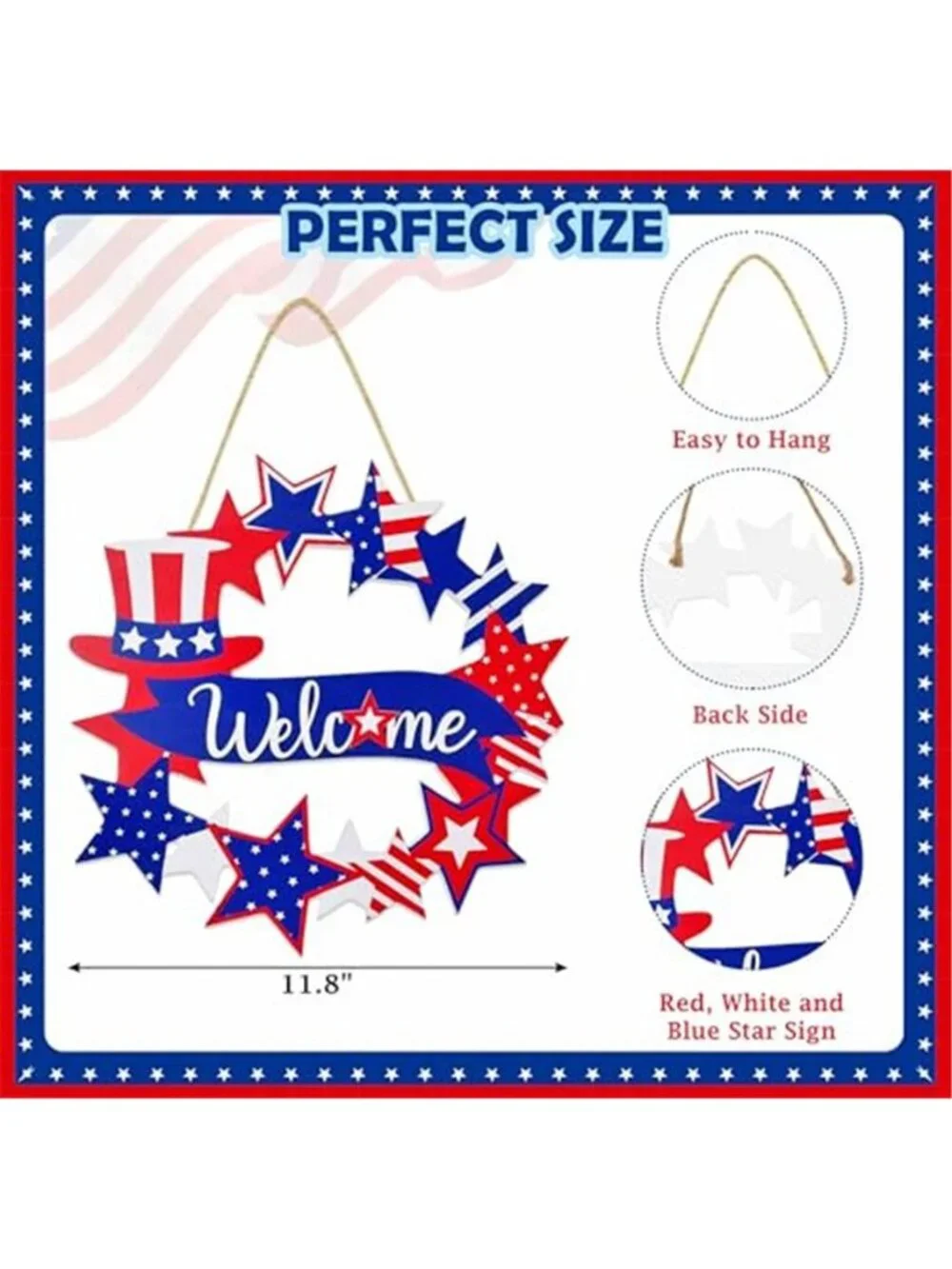 4th of July Americana Star Wreath Red Patriotic Welcome Wreath Door Hanging